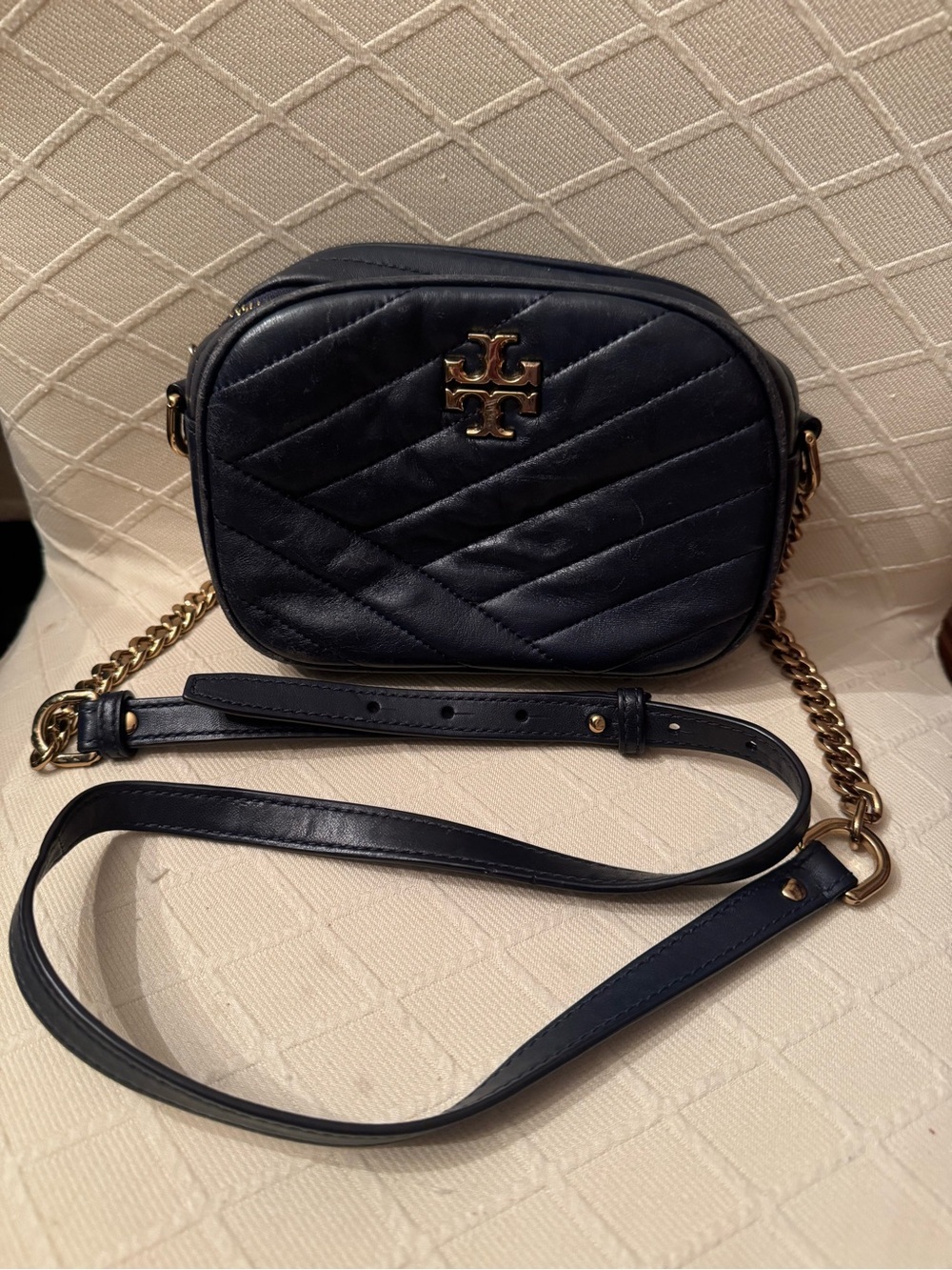 Tory Burch Kira Chevron Small Camera Bag Navy Blue Leather Gold Chain Crossbody